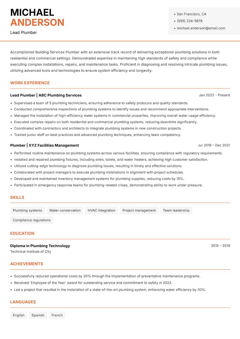 Building Services Plumber Resume Template