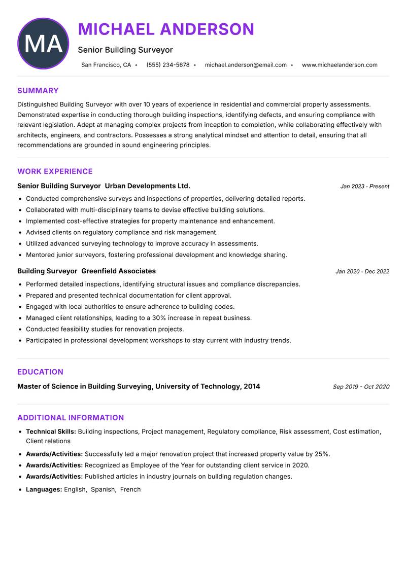 Building Surveyor Resume Preview Example