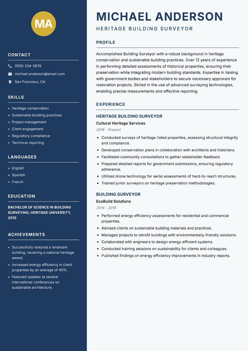 Building Surveyor Resume Preview Example