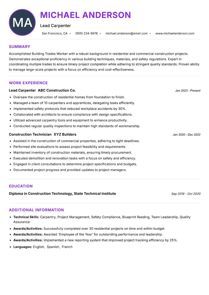 Building Trades Worker Resume Preview Example