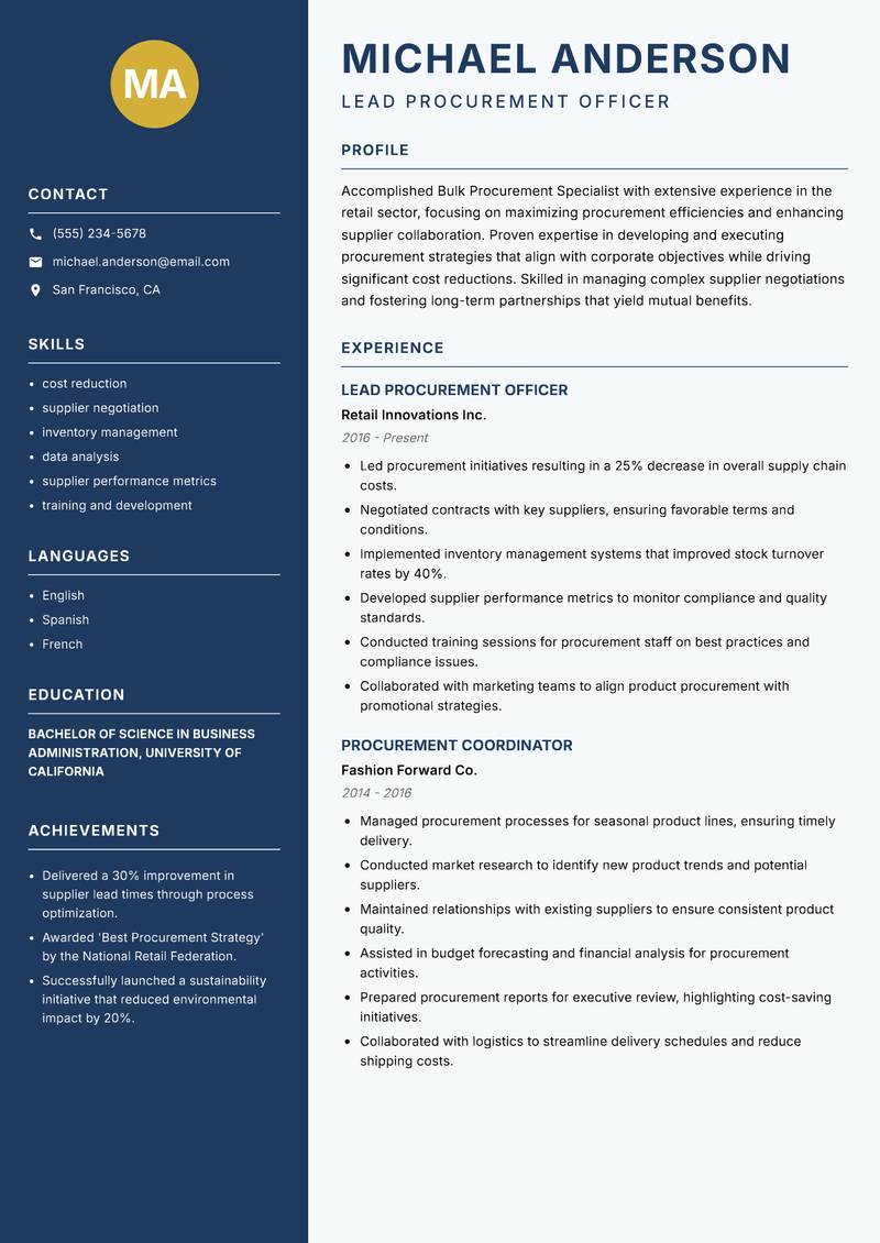 Bulk Procurement Specialist Resume Preview Example