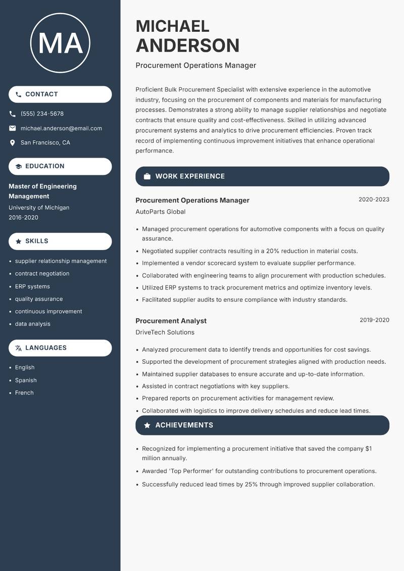 Bulk Procurement Specialist Resume Preview Example
