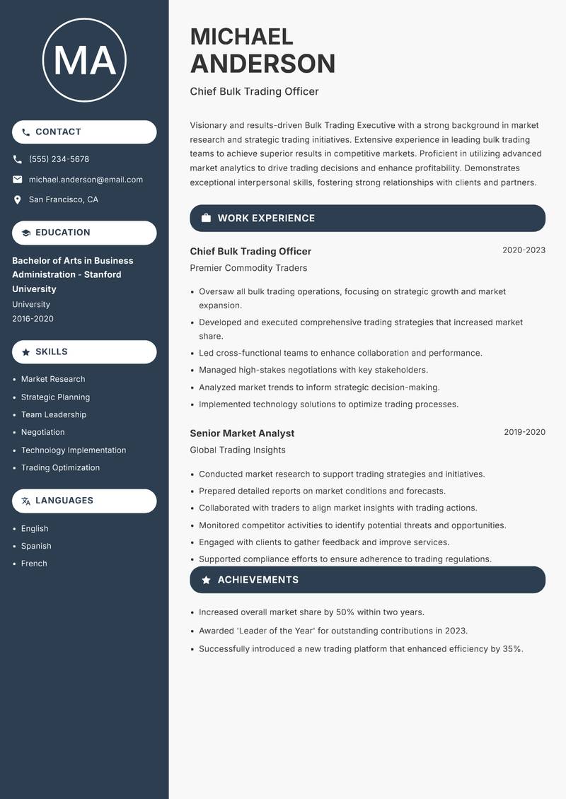 Bulk Trading Executive Resume Preview Example