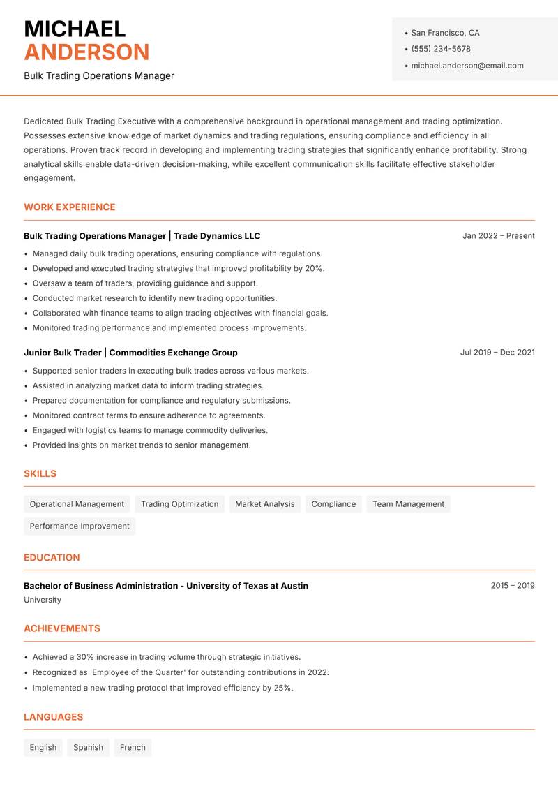 Bulk Trading Executive Resume Template
