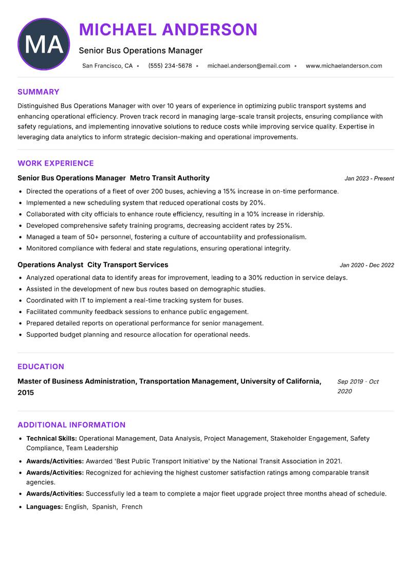 Bus Operations Manager Resume Preview Example