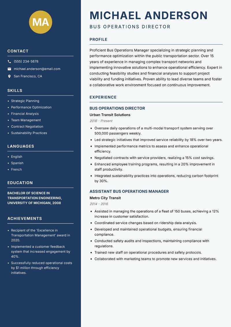 Bus Operations Manager Resume Preview Example