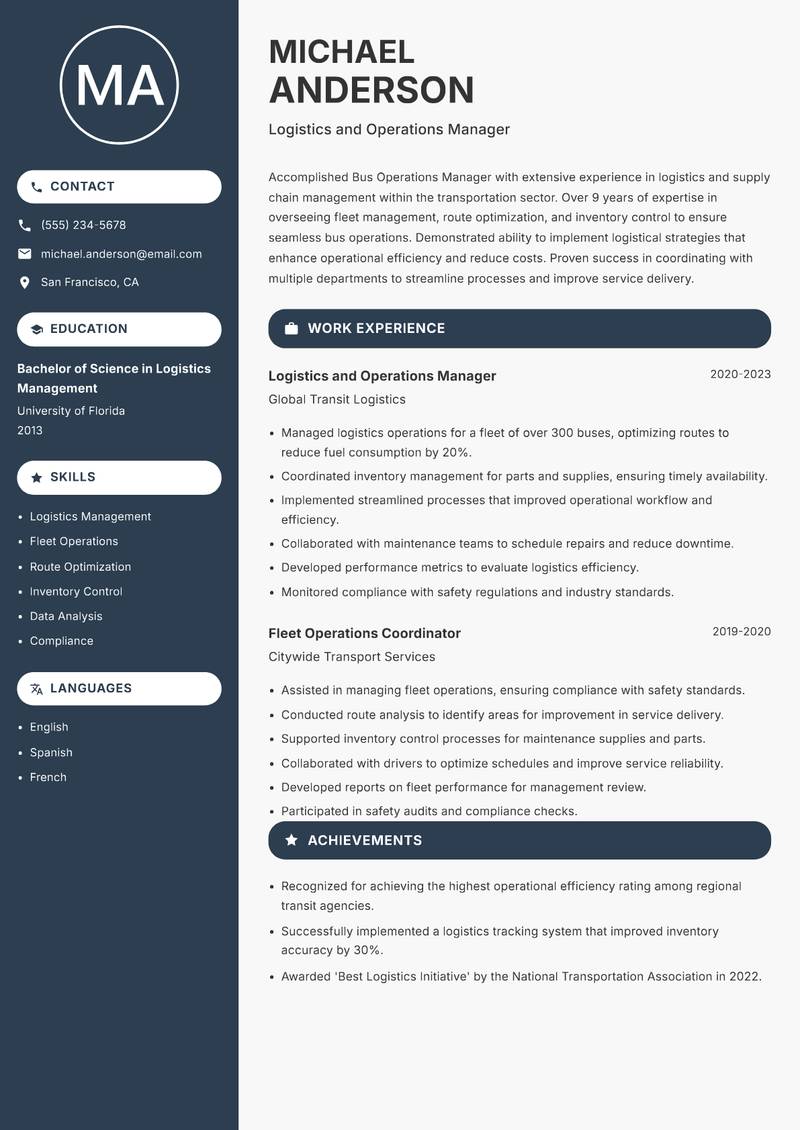 Bus Operations Manager Resume Preview Example