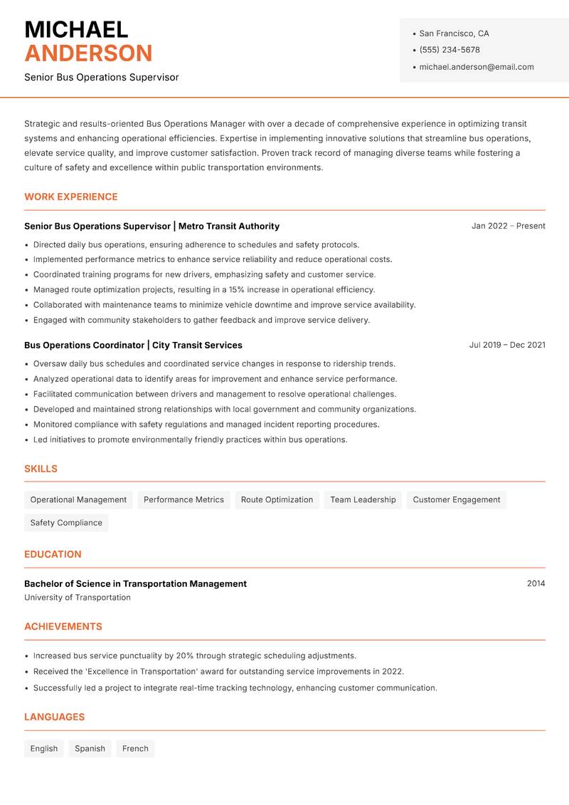 Bus Operations Manager Resume Template