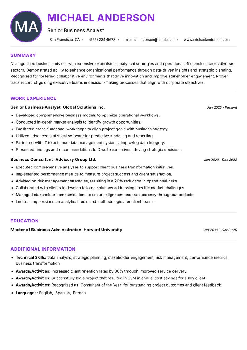 Business Advisor Analysis Resume Preview Example