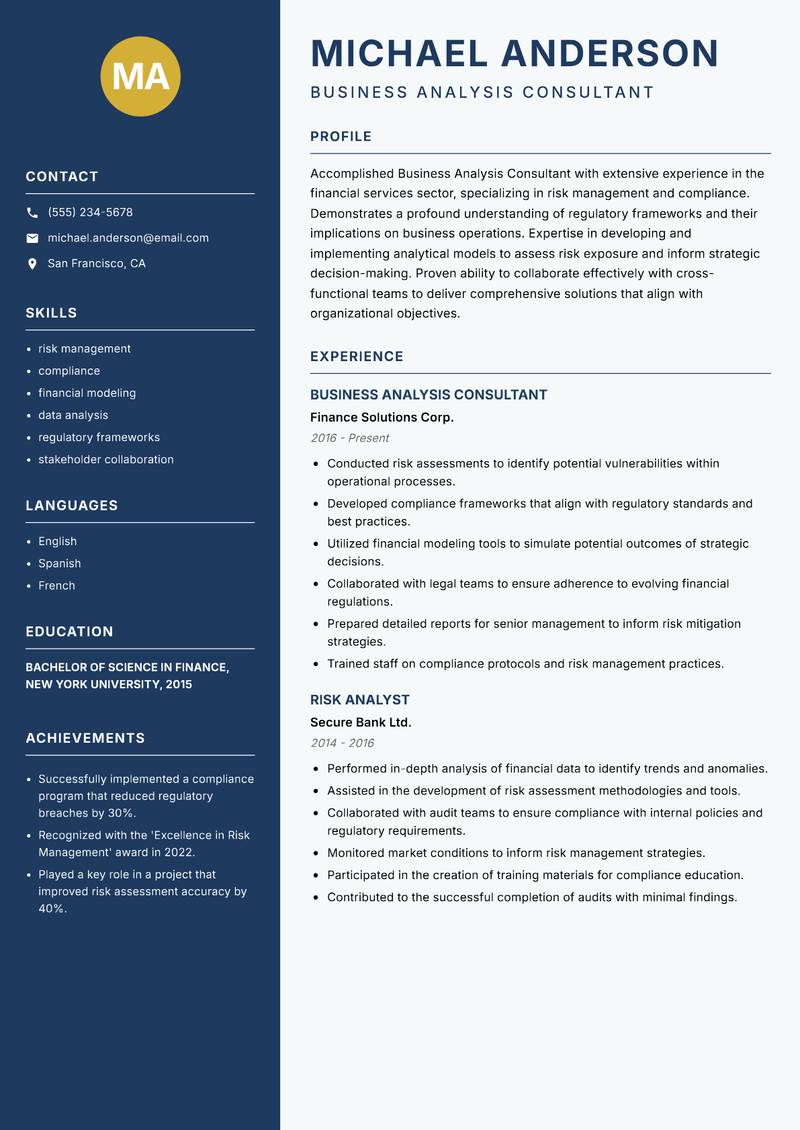 Business Analysis Consultant Resume Preview Example