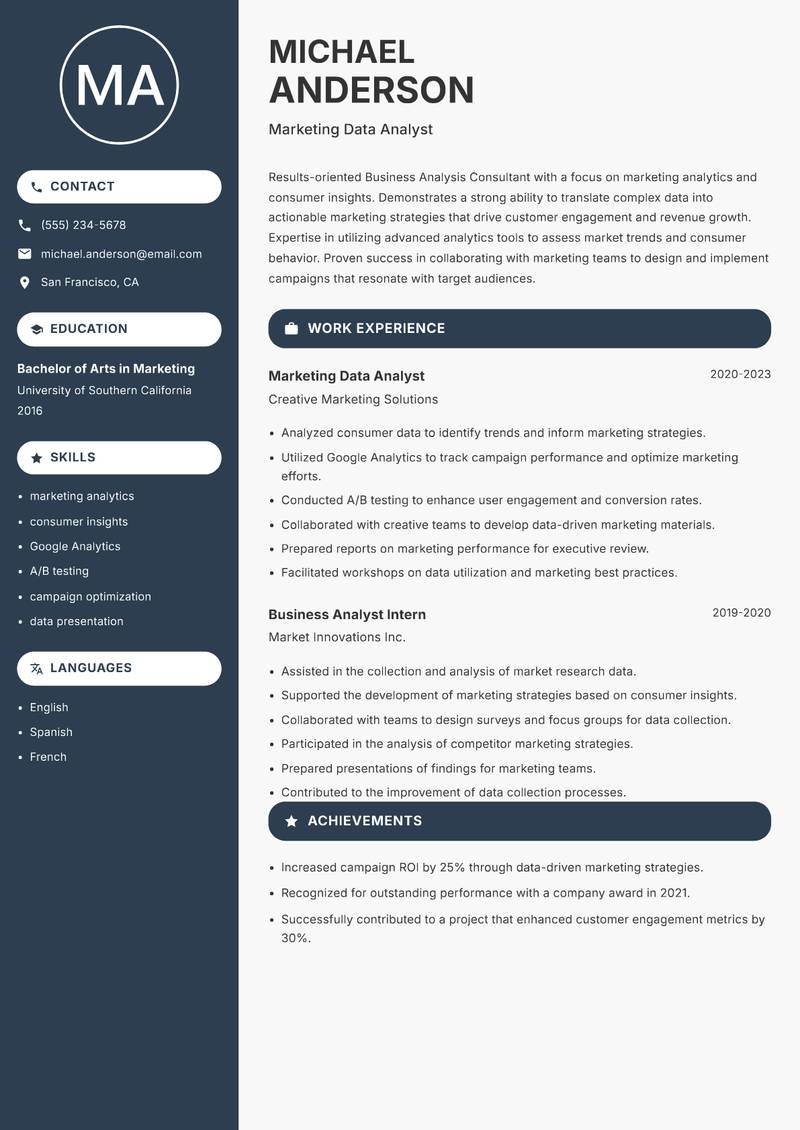 Business Analysis Consultant Resume Preview Example