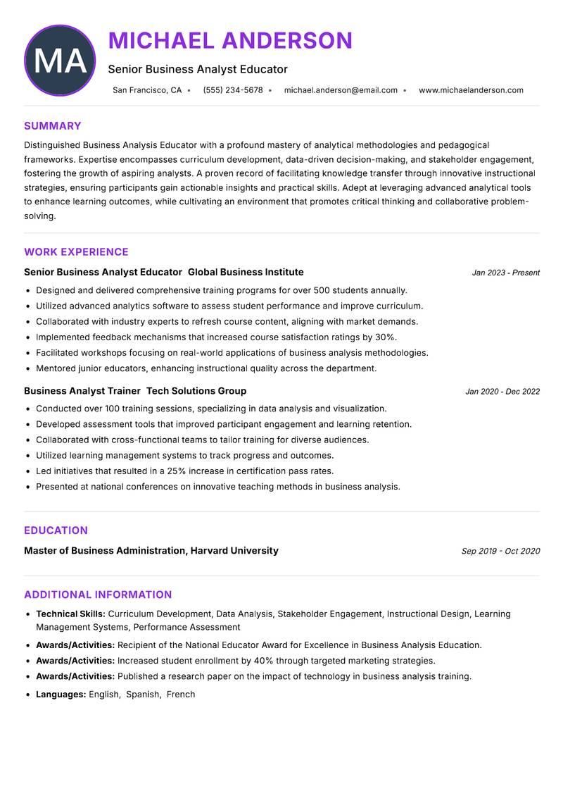 Business Analysis Educator Resume Preview Example