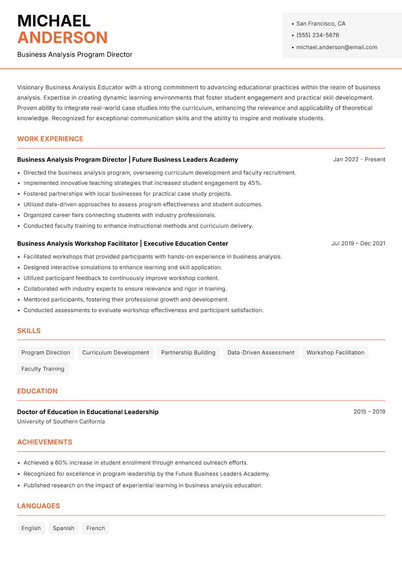 Business Analysis Educator Resume Template