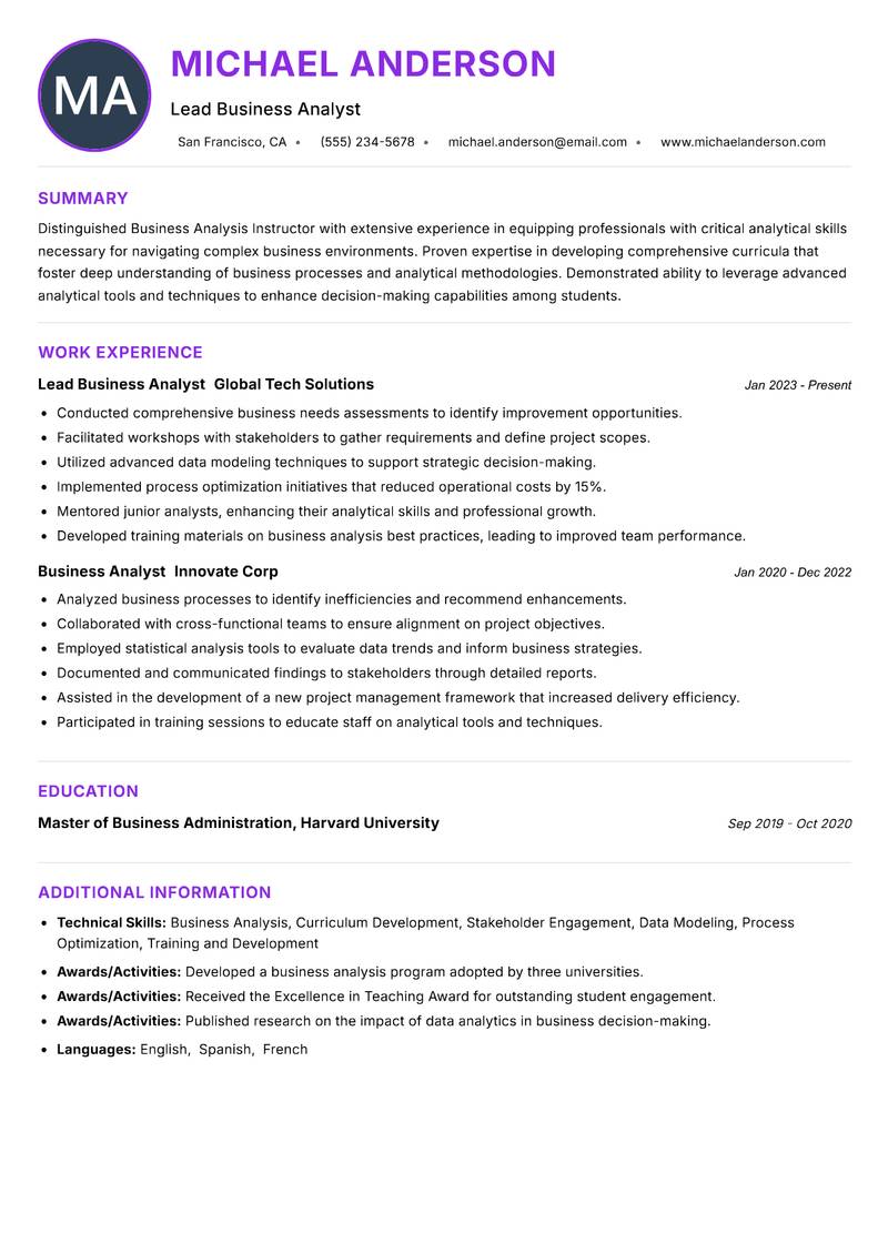 Business Analysis Instructor Resume Preview Example
