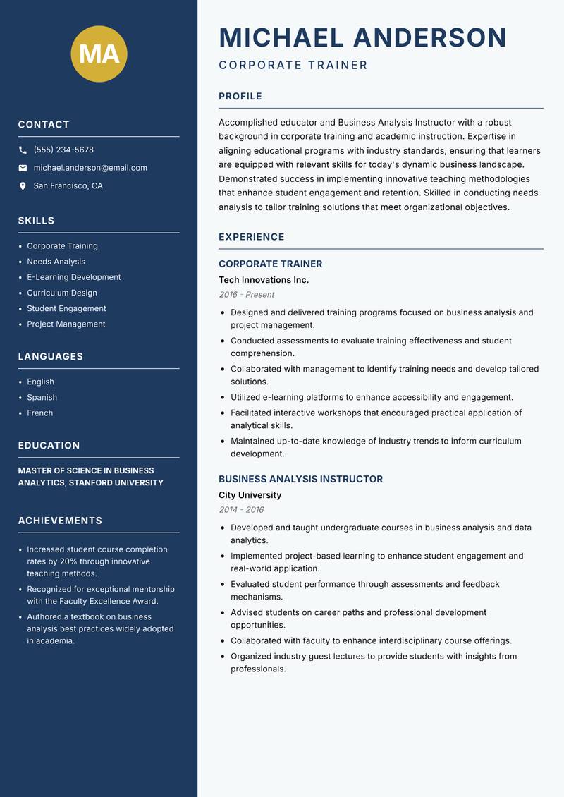 Business Analysis Instructor Resume Preview Example