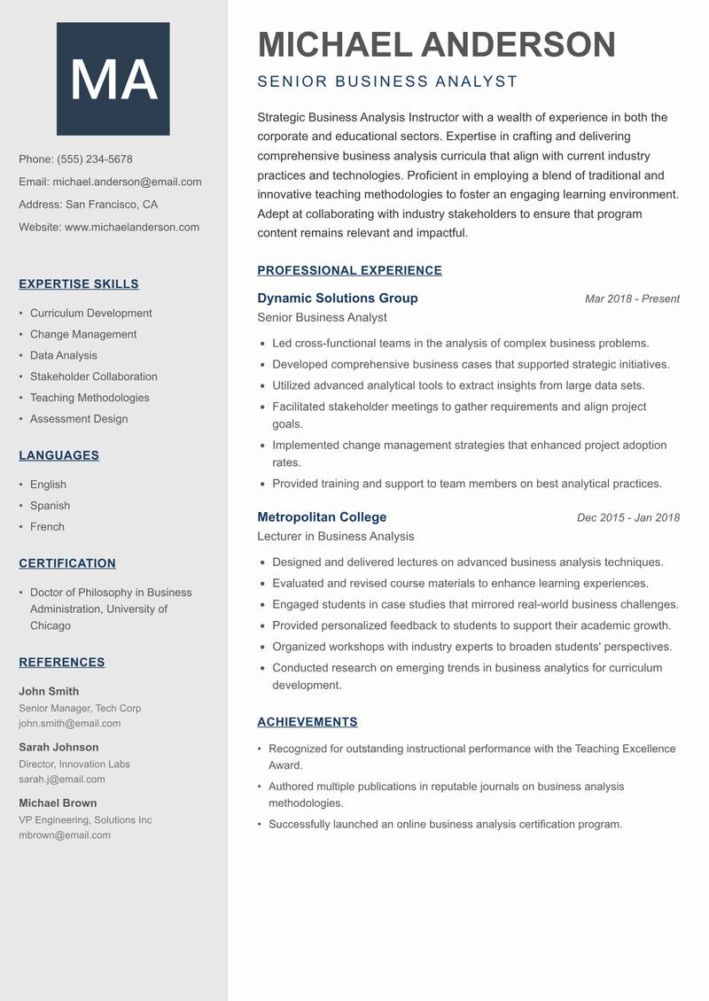 Business Analysis Instructor Resume Preview Example