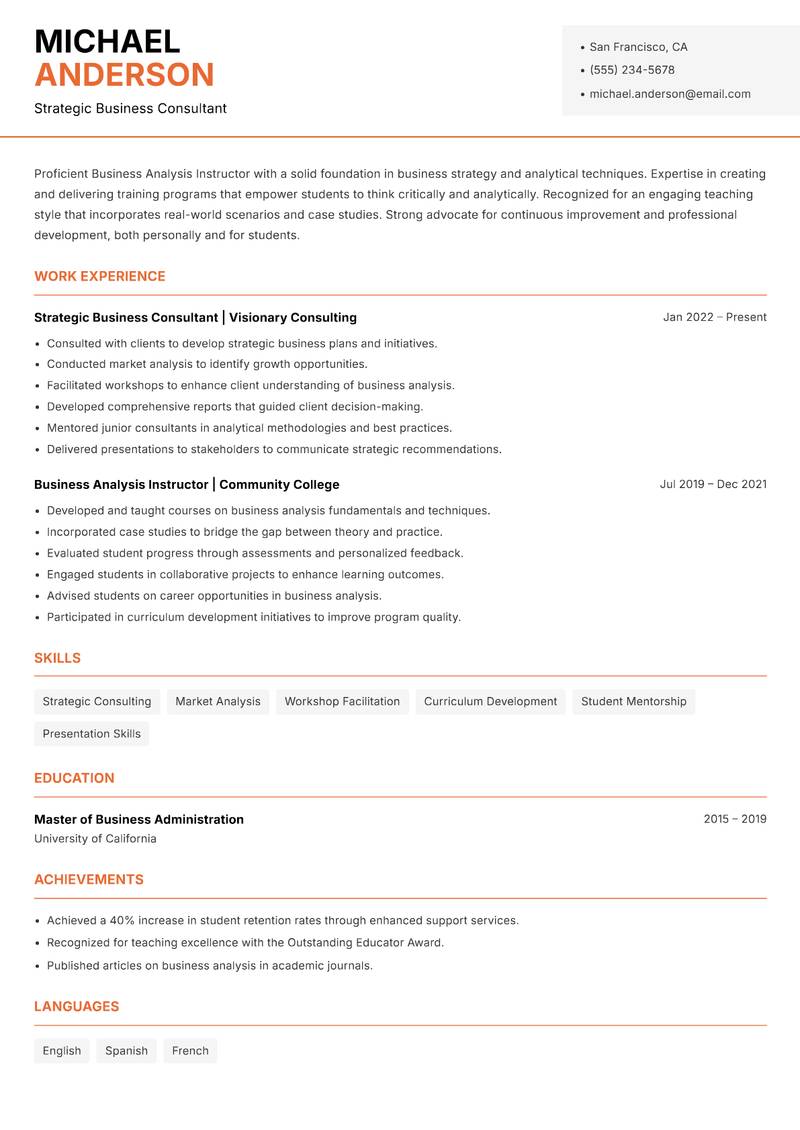 Business Analysis Instructor Resume Template