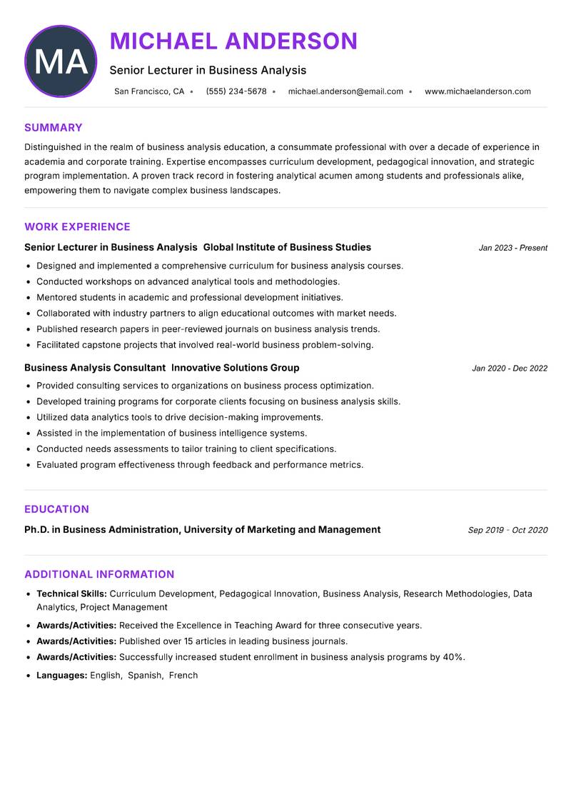 Business Analysis Lecturer Resume Preview Example