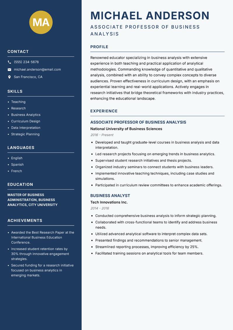 Business Analysis Lecturer Resume Preview Example