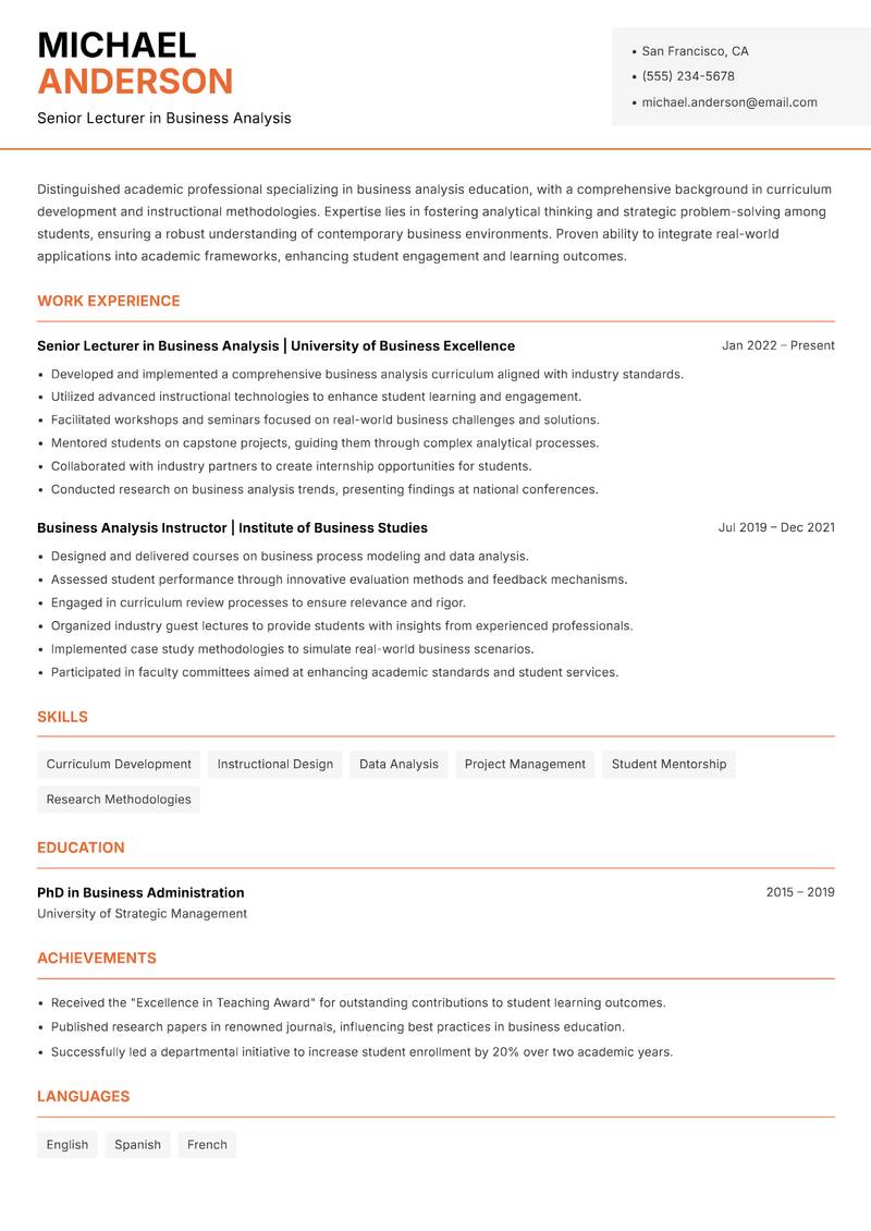 Business Analysis Lecturer Resume Template