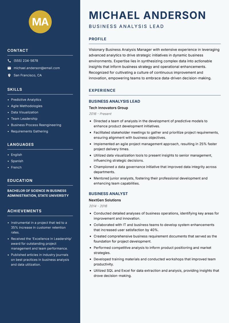 Business Analysis Manager Resume Preview Example