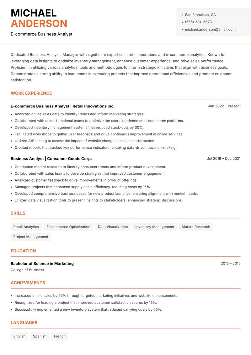 Business Analysis Manager Resume Template