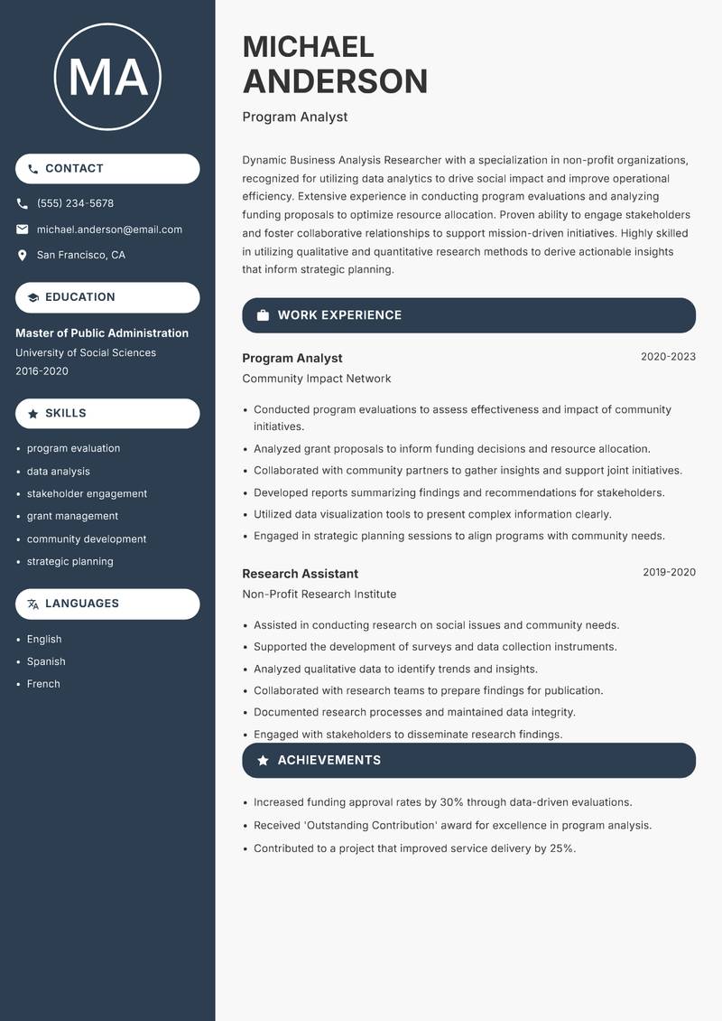 Business Analysis Researcher Resume Preview Example