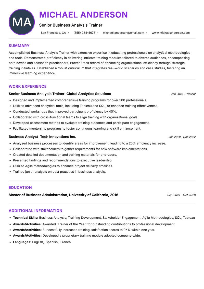 Business Analysis Trainer Resume Preview Example