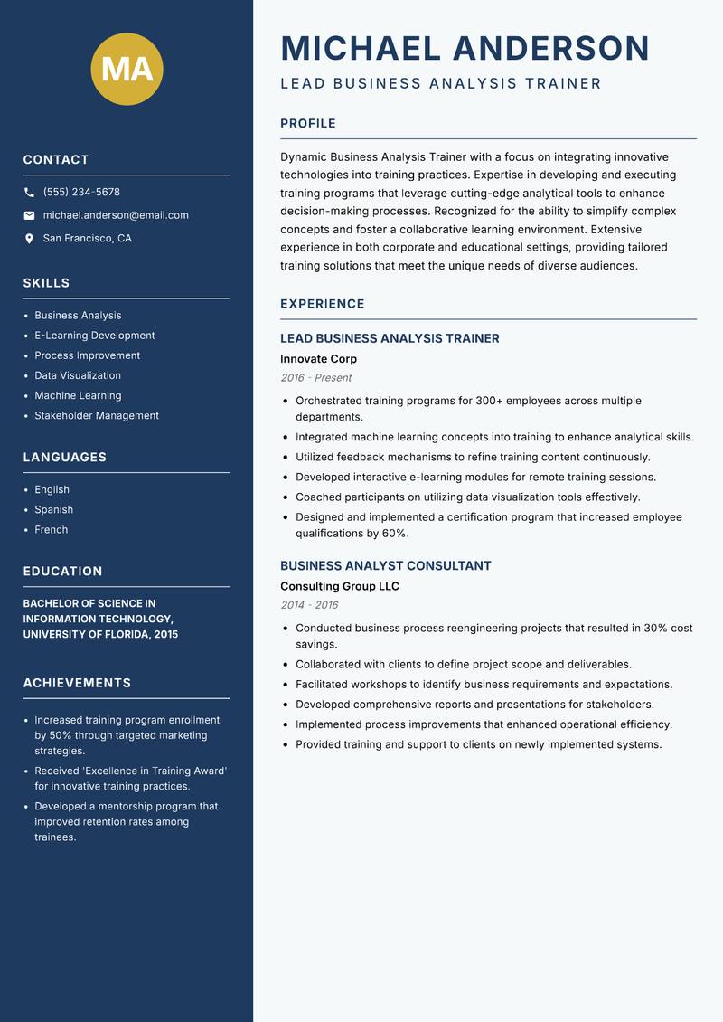 Business Analysis Trainer Resume Preview Example