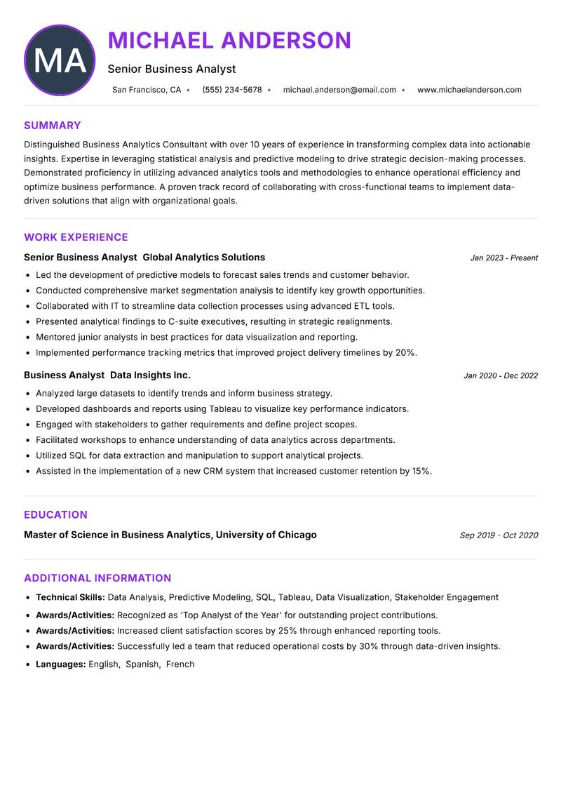 Business Analytics Consultant Resume Preview Example