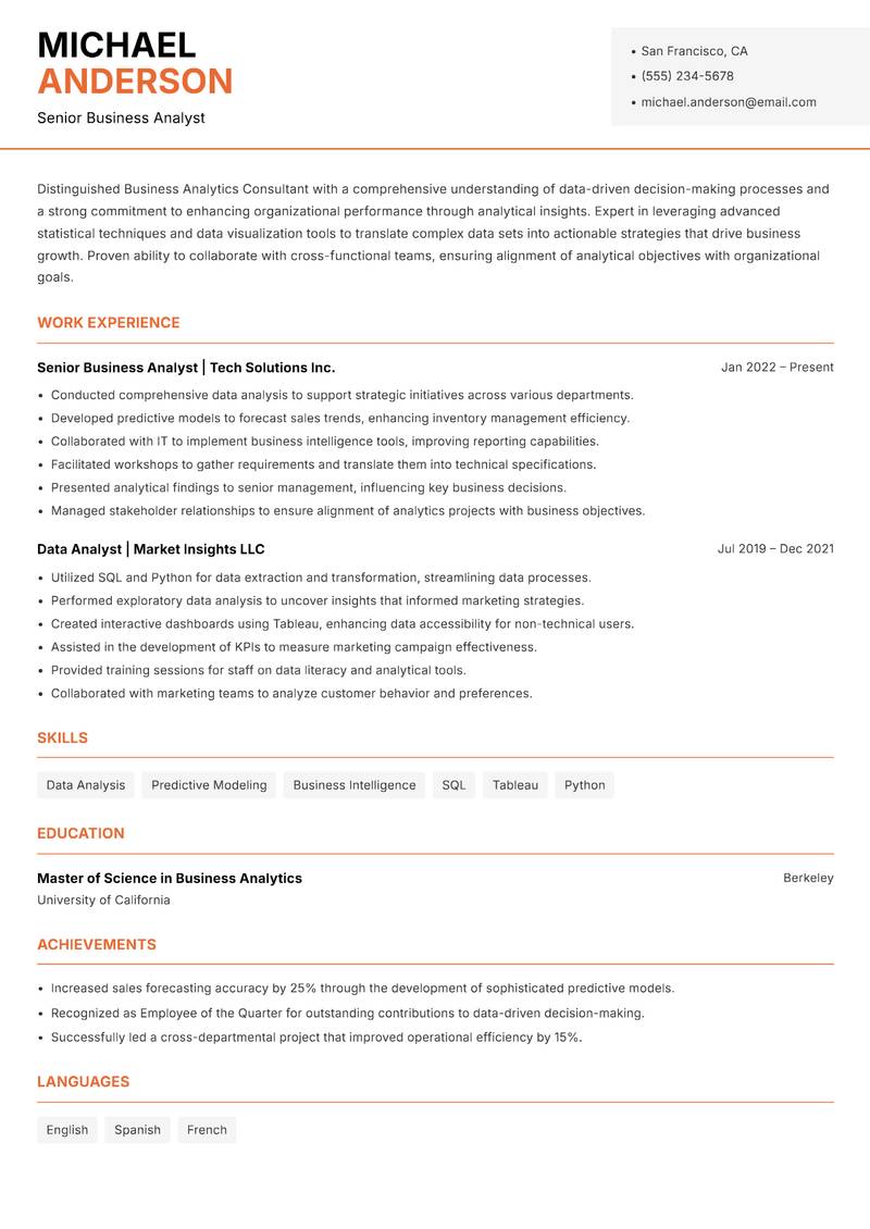 Business Analytics Consultant Resume Template