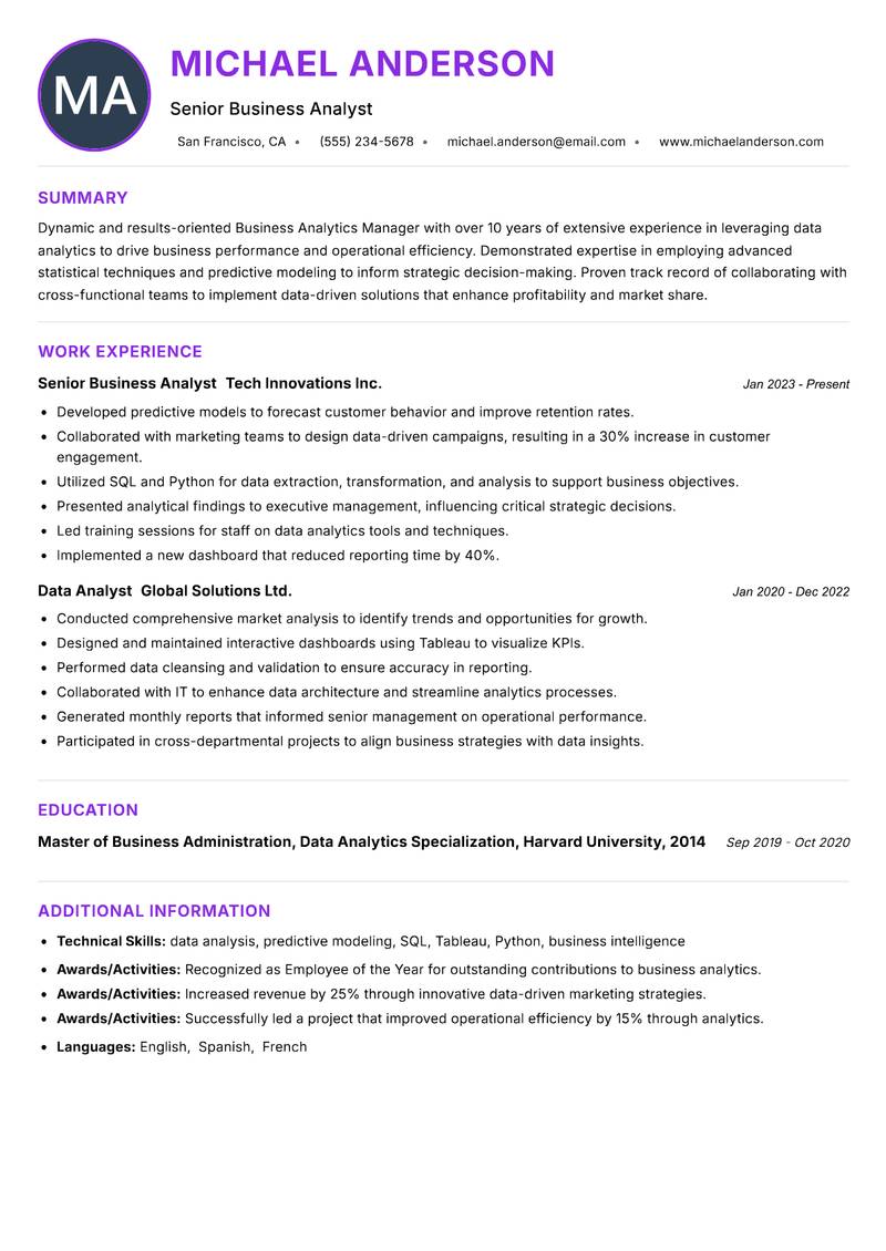 Business Analytics Manager Resume Preview Example