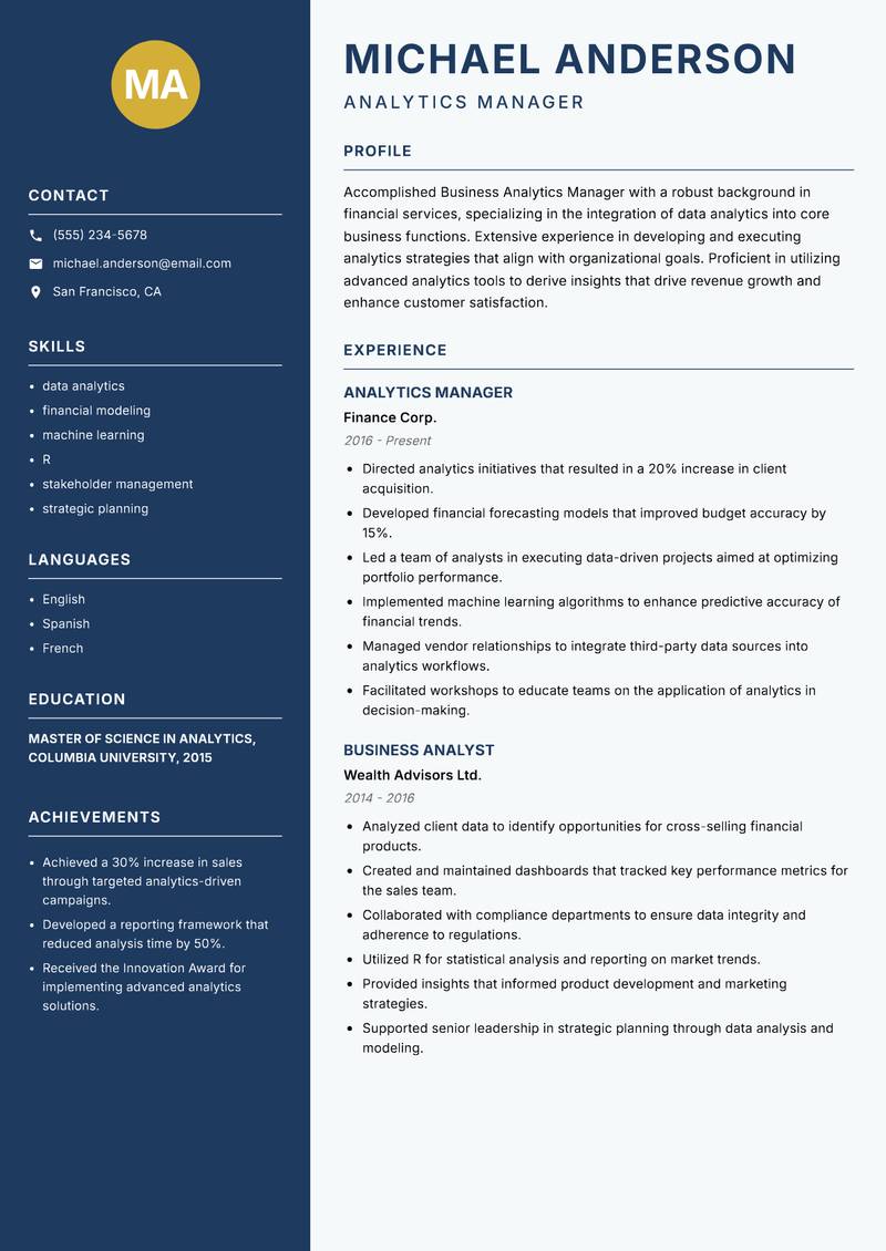 Business Analytics Manager Resume Preview Example