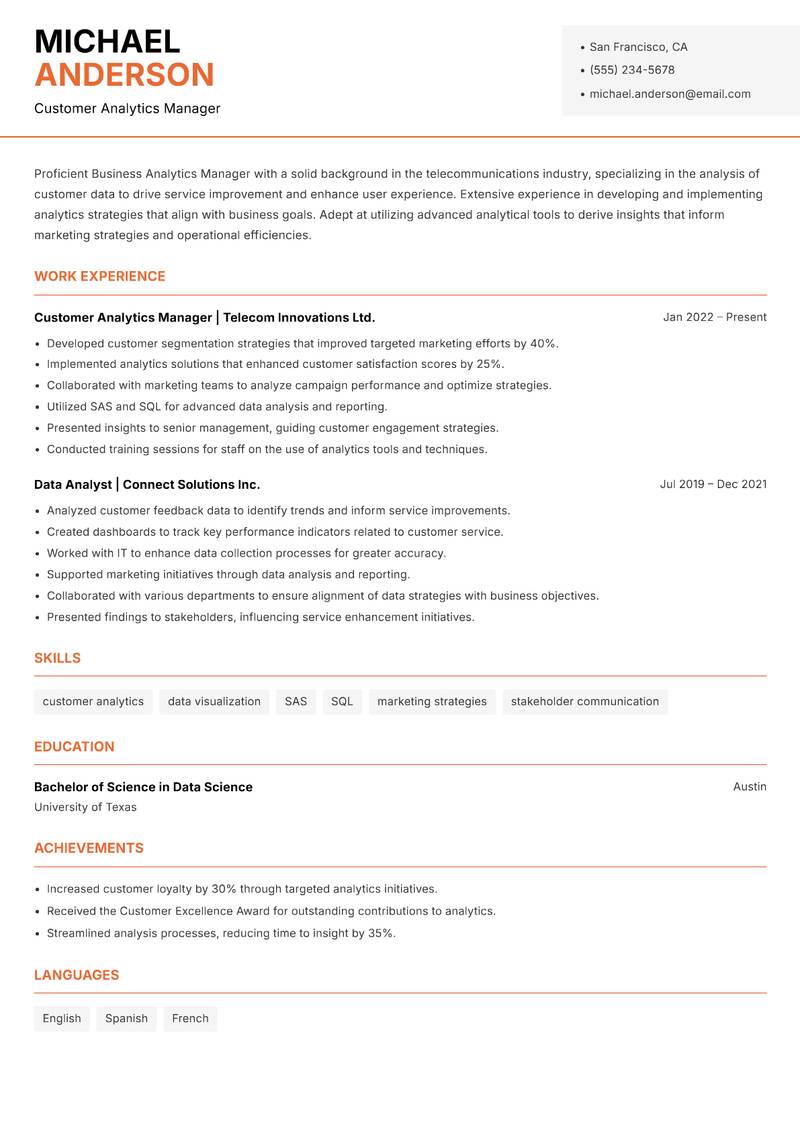 Business Analytics Manager Resume Template