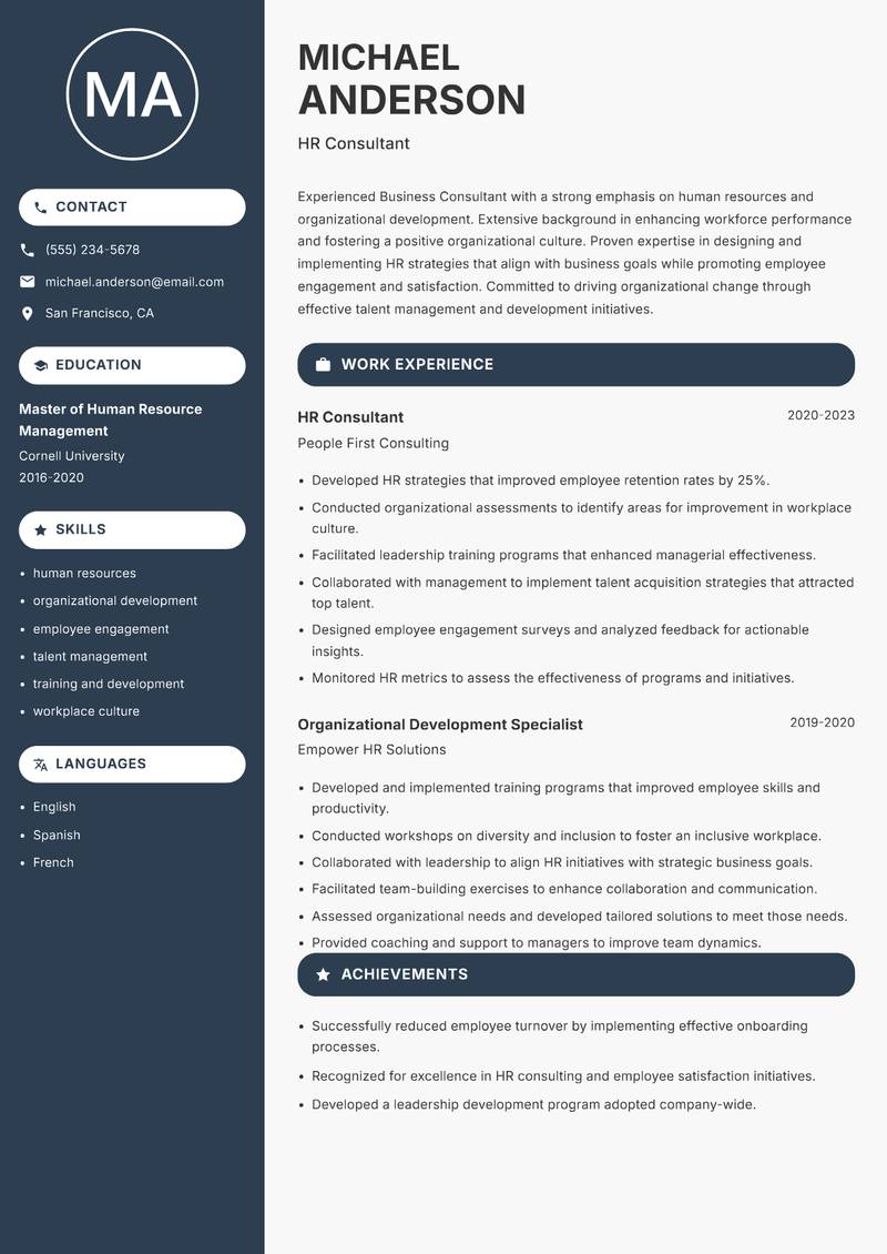 Business Consultant Resume Preview Example
