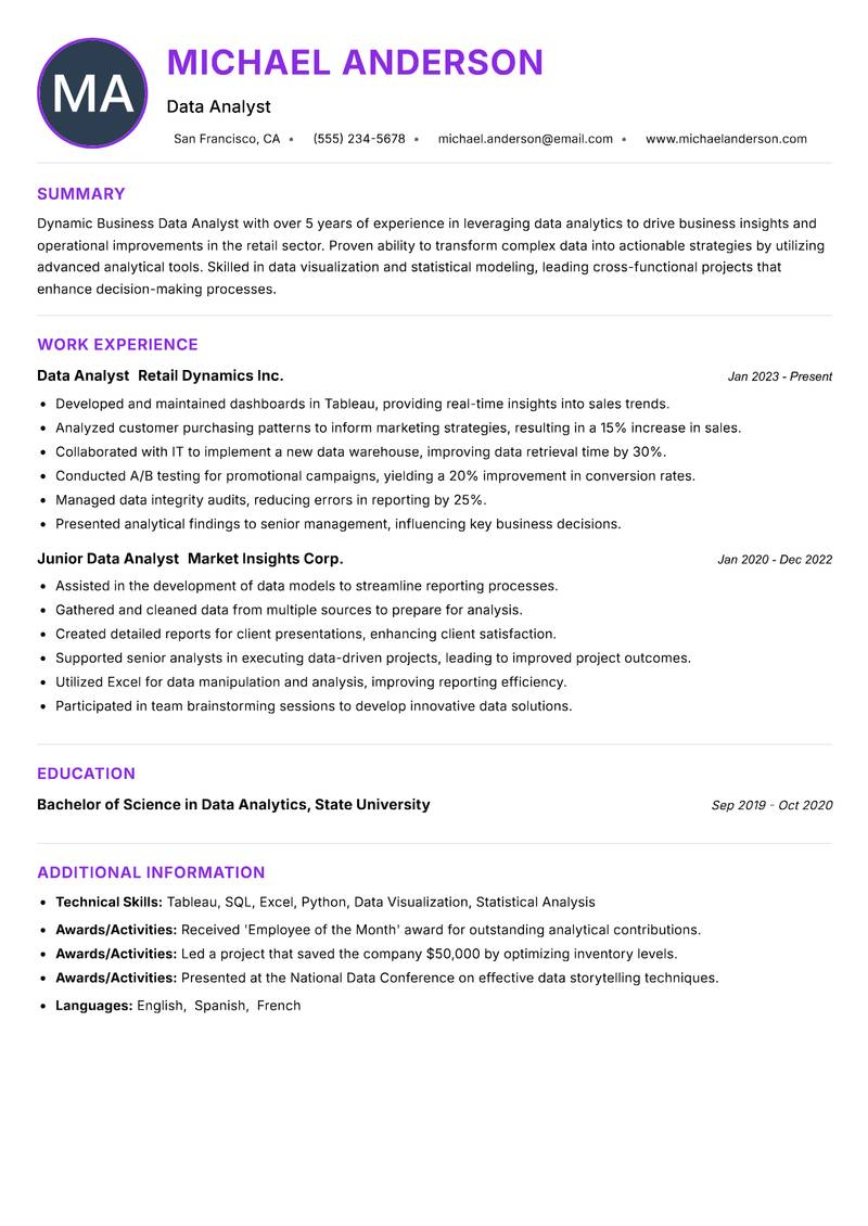 Business Data Analyst Resume Preview Example