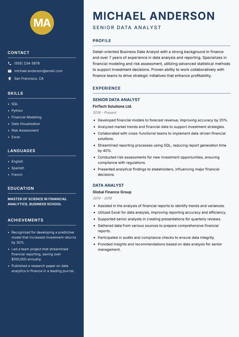 Business Data Analyst Resume Preview Example