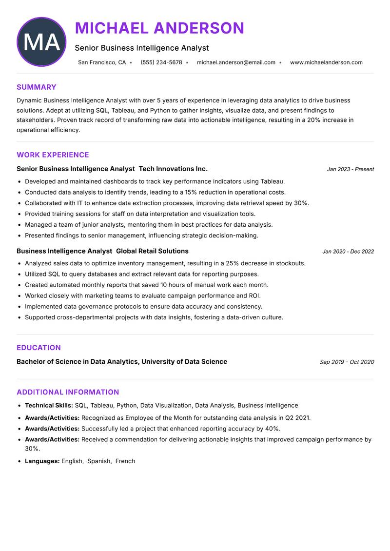 Business Intelligence Analyst Resume Preview Example