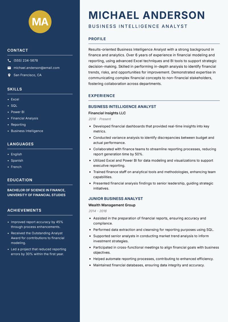 Business Intelligence Analyst Resume Preview Example