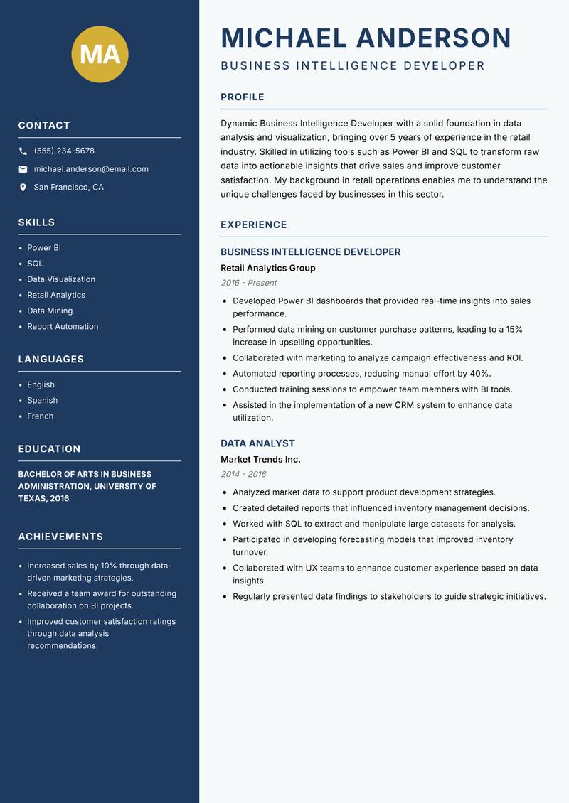 Business Intelligence Developer Resume Preview Example