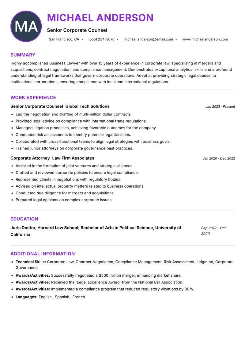 Business Lawyer Resume Preview Example