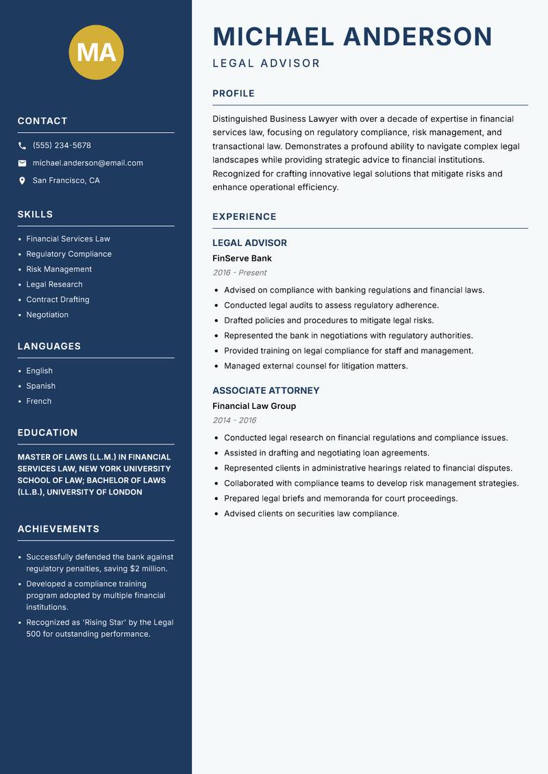 Business Lawyer Resume Preview Example