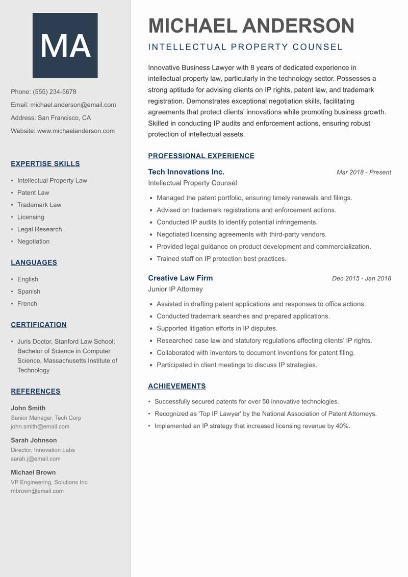 Business Lawyer Resume Preview Example