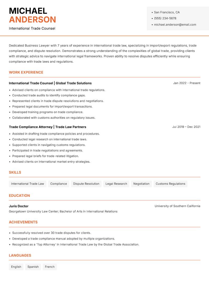 Business Lawyer Resume Template