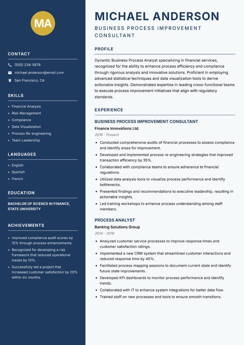 Business Process Analyst Resume Preview Example