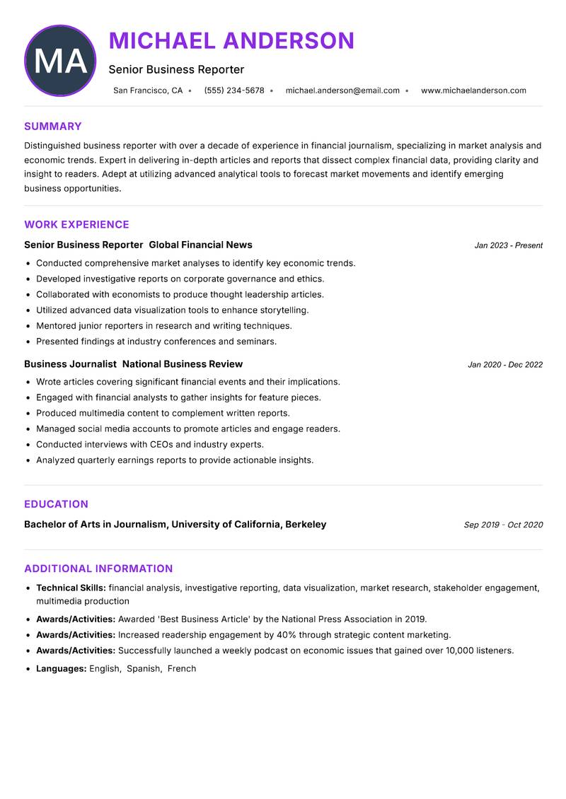 Business Reporter Resume Preview Example