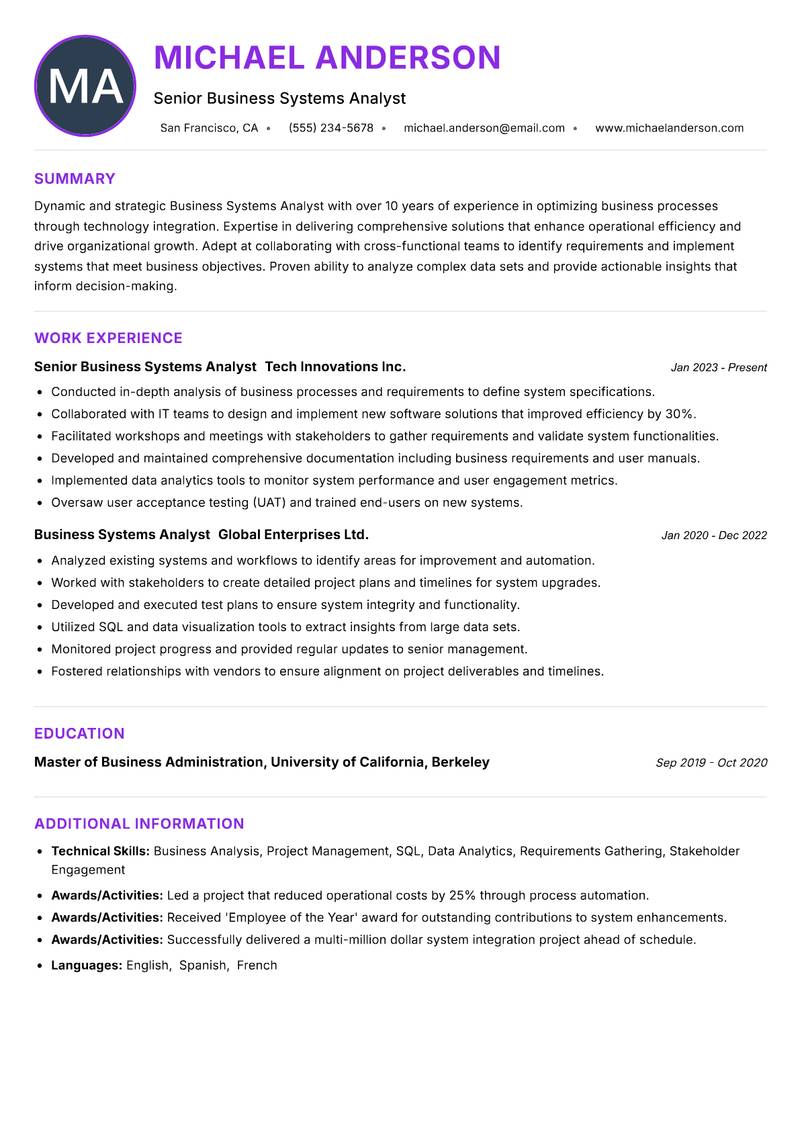 Business Systems Analyst Resume Preview Example