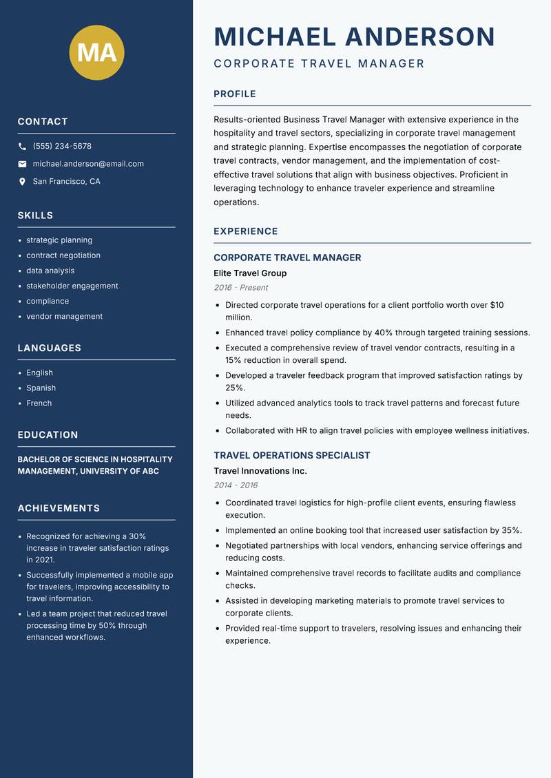 Business Travel Manager Resume Preview Example