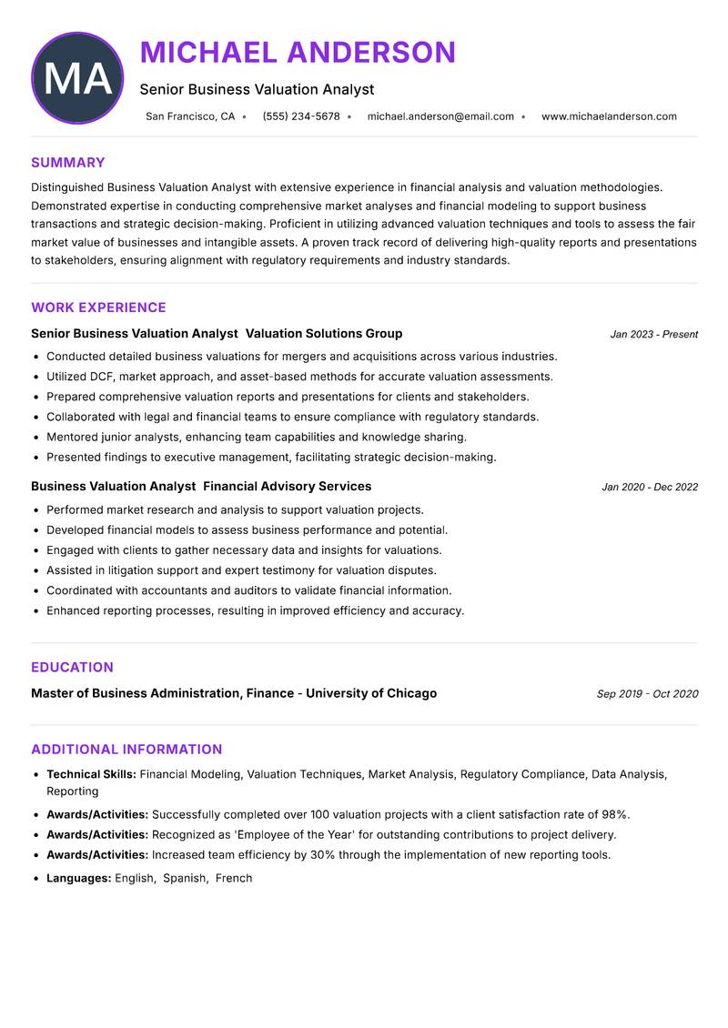 Business Valuation Analyst Resume Preview Example