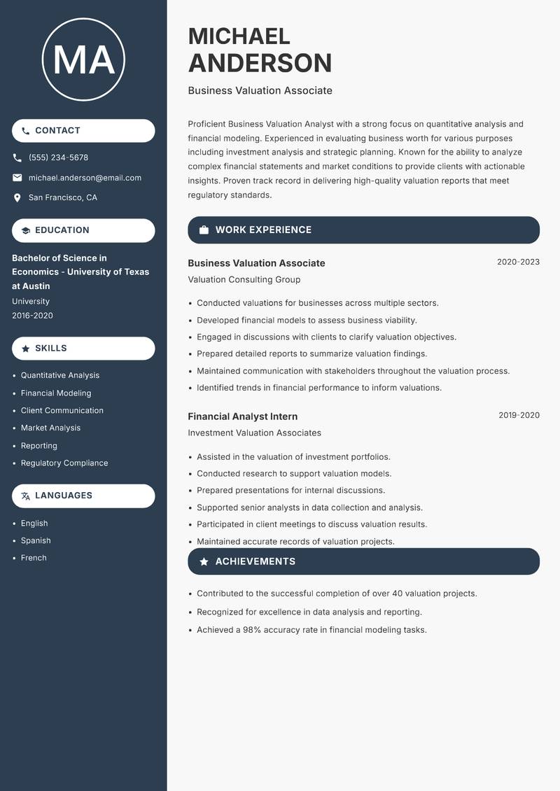 Business Valuation Analyst Resume Preview Example